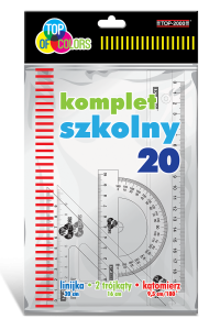 KOMPLET SZKOLNY: LINIJKA 20 cm + 2 EKIERKI + KĄTOMIERZ
